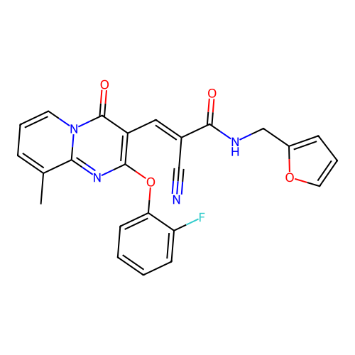 (2E)-2-cyano-3-[2-(2-fluorophenoxy)-9-methyl-4-oxo-4H-pyrido[1,2-a]pyrimidin-3-yl]-N-(furan-2-ylmethyl)prop-2-enamide structure