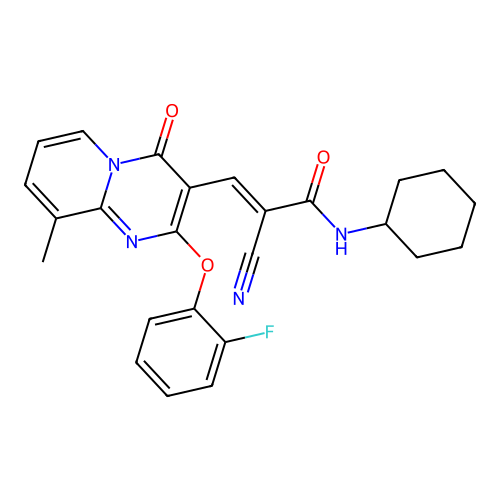 (2E)-2-cyano-N-cyclohexyl-3-[2-(2-fluorophenoxy)-9-methyl-4-oxo-4H-pyrido[1,2-a]pyrimidin-3-yl]prop-2-enamide structure