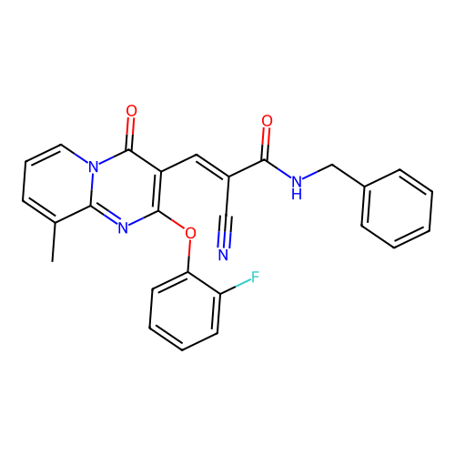 (2E)-N-benzyl-2-cyano-3-[2-(2-fluorophenoxy)-9-methyl-4-oxo-4H-pyrido[1,2-a]pyrimidin-3-yl]prop-2-enamide structure