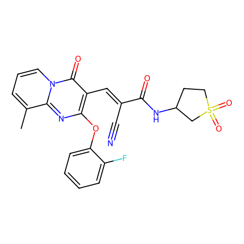 (2E)-2-cyano-N-(1,1-dioxidotetrahydrothiophen-3-yl)-3-[2-(2-fluorophenoxy)-9-methyl-4-oxo-4H-pyrido[1,2-a]pyrimidin-3-yl]prop-2-enamide structure