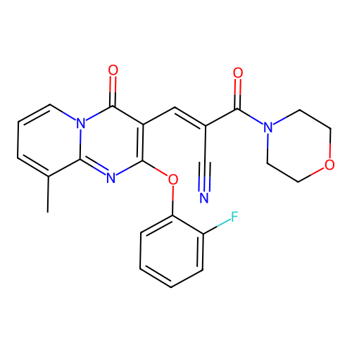(2E)-3-[2-(2-fluorophenoxy)-9-methyl-4-oxo(5-hydropyridino[1,2-a]pyrimidin-3-y l)]-2-(morpholin-4-ylcarbonyl)prop-2-enenitrile structure