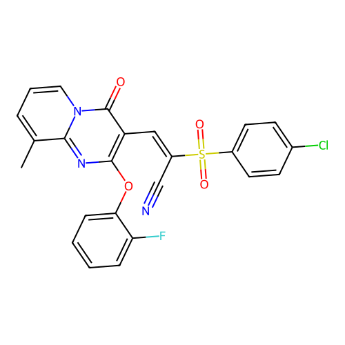(2E)-2-(4-CHLOROBENZENESULFONYL)-3-[2-(2-FLUOROPHENOXY)-9-METHYL-4-OXO-4H-PYRIDO[1,2-A]PYRIMIDIN-3-YL]PROP-2-ENENITRILE structure