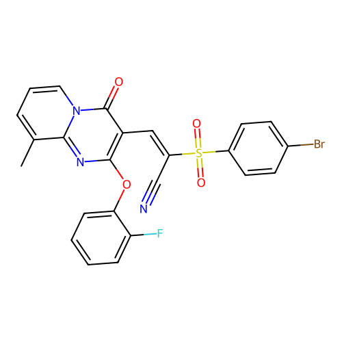 (2E)-2-[(4-bromophenyl)sulfonyl]-3-[2-(2-fluorophenoxy)-9-methyl-4-oxo-4H-pyrido[1,2-a]pyrimidin-3-yl]prop-2-enenitrile structure