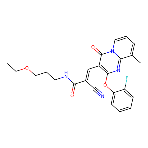 (2E)-2-cyano-N-(3-ethoxypropyl)-3-[2-(2-fluorophenoxy)-9-methyl-4-oxo-4H-pyrido[1,2-a]pyrimidin-3-yl]prop-2-enamide structure