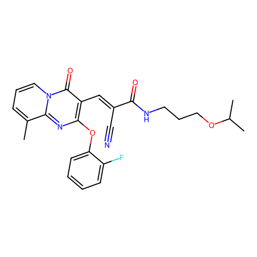 (2E)-2-cyano-3-[2-(2-fluorophenoxy)-9-methyl-4-oxo-4H-pyrido[1,2-a]pyrimidin-3-yl]-N-[3-(propan-2-yloxy)propyl]prop-2-enamide structure