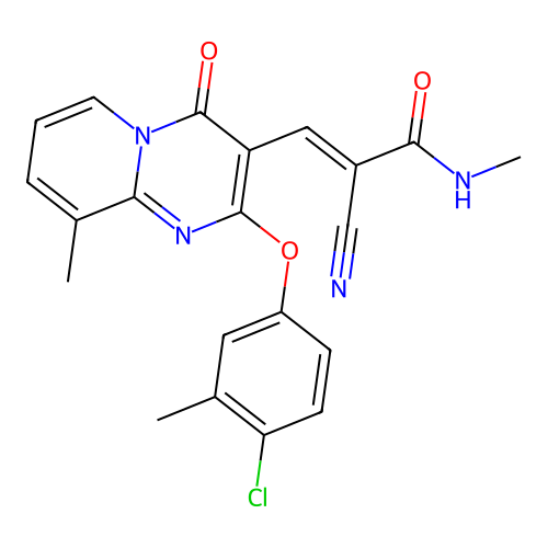 (2E)-3-[2-(4-chloro-3-methylphenoxy)-9-methyl-4-oxo-4H-pyrido[1,2-a]pyrimidin-3-yl]-2-cyano-N-methylprop-2-enamide structure
