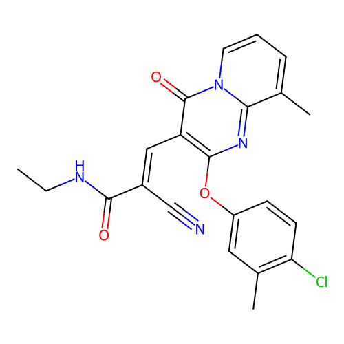(2E)-3-[2-(4-chloro-3-methylphenoxy)-9-methyl-4-oxo-4H-pyrido[1,2-a]pyrimidin-3-yl]-2-cyano-N-ethylprop-2-enamide structure