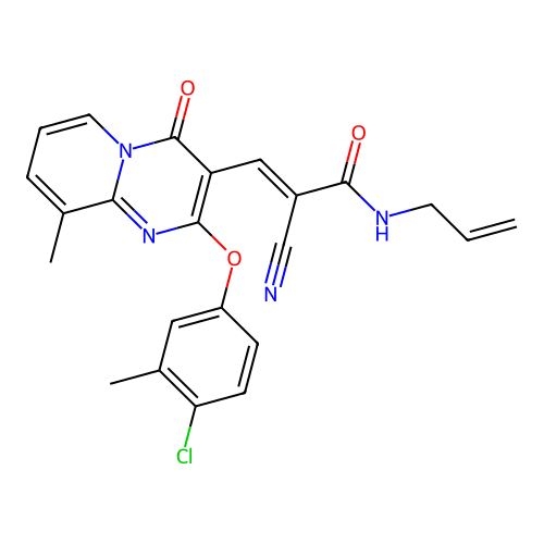 (2E)-3-[2-(4-chloro-3-methylphenoxy)-9-methyl-4-oxo-4H-pyrido[1,2-a]pyrimidin-3-yl]-2-cyano-N-(prop-2-en-1-yl)prop-2-enamide structure