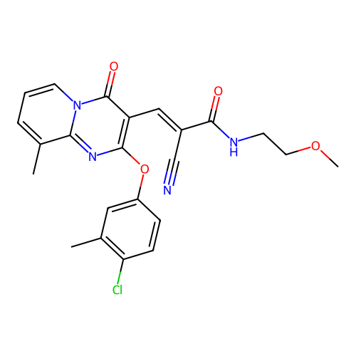 (2E)-3-[2-(4-chloro-3-methylphenoxy)-9-methyl-4-oxo-4H-pyrido[1,2-a]pyrimidin-3-yl]-2-cyano-N-(2-methoxyethyl)prop-2-enamide structure