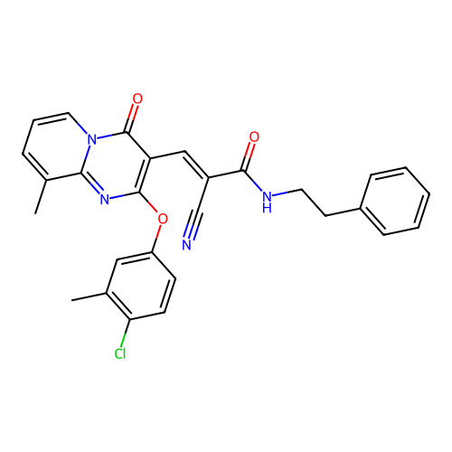 (2E)-3-[2-(4-chloro-3-methylphenoxy)-9-methyl-4-oxo-4H-pyrido[1,2-a]pyrimidin-3-yl]-2-cyano-N-(2-phenylethyl)prop-2-enamide structure