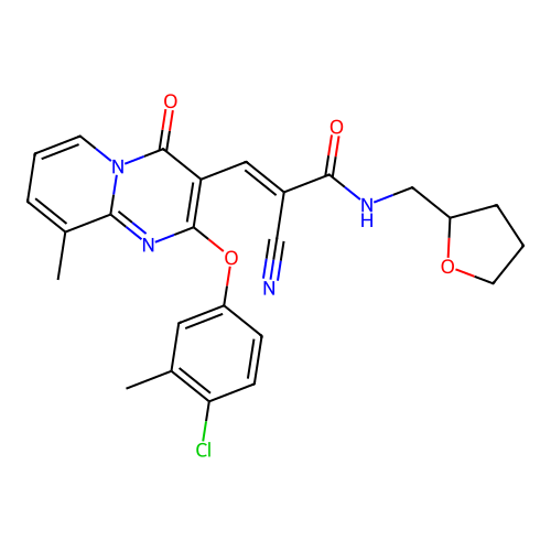 (2E)-3-[2-(4-chloro-3-methylphenoxy)-9-methyl-4-oxo-4H-pyrido[1,2-a]pyrimidin-3-yl]-2-cyano-N-(tetrahydrofuran-2-ylmethyl)prop-2-enamide structure