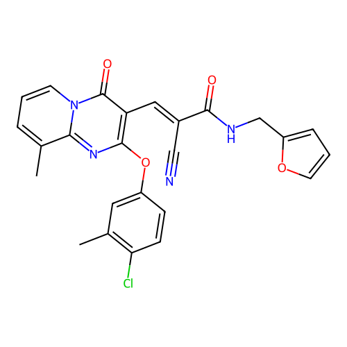 (2E)-3-[2-(4-chloro-3-methylphenoxy)-9-methyl-4-oxo-4H-pyrido[1,2-a]pyrimidin-3-yl]-2-cyano-N-(furan-2-ylmethyl)prop-2-enamide structure