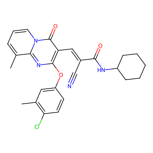 (2E)-3-[2-(4-chloro-3-methylphenoxy)-9-methyl-4-oxo-4H-pyrido[1,2-a]pyrimidin-3-yl]-2-cyano-N-cyclohexylprop-2-enamide structure