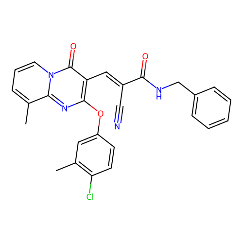 (2E)-N-benzyl-3-[2-(4-chloro-3-methylphenoxy)-9-methyl-4-oxo-4H-pyrido[1,2-a]pyrimidin-3-yl]-2-cyanoprop-2-enamide structure