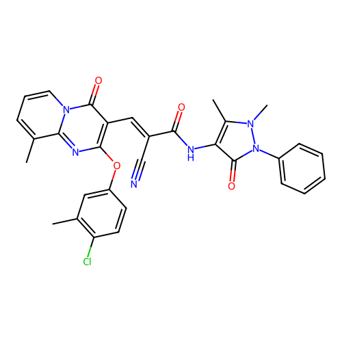 (2E)-3-[2-(4-chloro-3-methylphenoxy)-9-methyl-4-oxo-4H-pyrido[1,2-a]pyrimidin-3-yl]-2-cyano-N-(1,5-dimethyl-3-oxo-2-phenyl-2,3-dihydro-1H-pyrazol-4-yl)prop-2-enamide structure