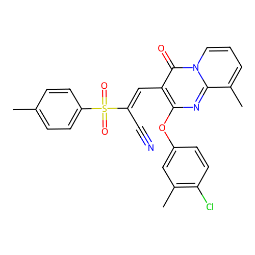 (2E)-3-[2-(4-chloro-3-methylphenoxy)-9-methyl-4-oxo-4H-pyrido[1,2-a]pyrimidin-3-yl]-2-[(4-methylphenyl)sulfonyl]prop-2-enenitrile structure