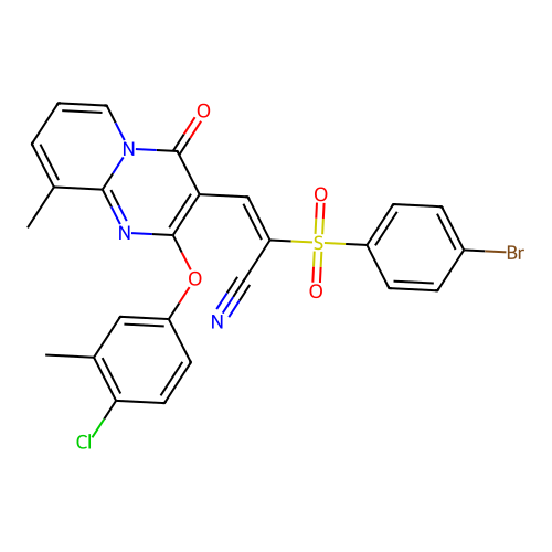 (E)-2-((4-bromophenyl)sulfonyl)-3-(2-(4-chloro-3-methylphenoxy)-9-methyl-4-oxo-4H-pyrido[1,2-a]pyrimidin-3-yl)acrylonitrile structure