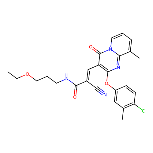 (2E)-3-[2-(4-chloro-3-methylphenoxy)-9-methyl-4-oxo-4H-pyrido[1,2-a]pyrimidin-3-yl]-2-cyano-N-(3-ethoxypropyl)prop-2-enamide structure