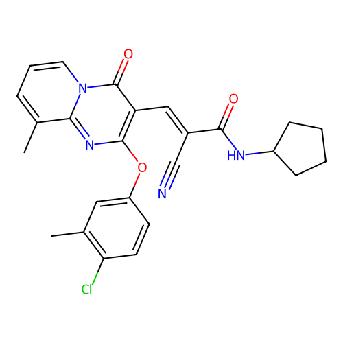 (2E)-3-[2-(4-chloro-3-methylphenoxy)-9-methyl-4-oxo-4H-pyrido[1,2-a]pyrimidin-3-yl]-2-cyano-N-cyclopentylprop-2-enamide structure