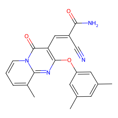 (2E)-2-cyano-3-[2-(3,5-dimethylphenoxy)-9-methyl-4-oxo-4H-pyrido[1,2-a]pyrimidin-3-yl]prop-2-enamide structure
