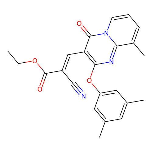 ethyl (2E)-2-cyano-3-[2-(3,5-dimethylphenoxy)-9-methyl-4-oxo-4H-pyrido[1,2-a]pyrimidin-3-yl]prop-2-enoate structure