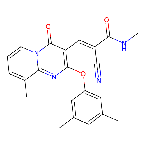 (2E)-2-cyano-3-[2-(3,5-dimethylphenoxy)-9-methyl-4-oxo-4H-pyrido[1,2-a]pyrimidin-3-yl]-N-methylprop-2-enamide structure