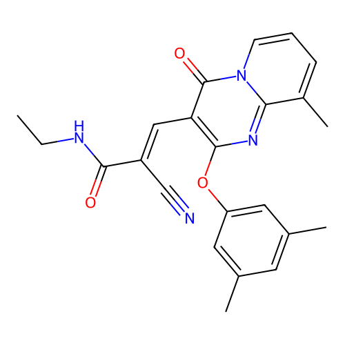 (2E)-2-cyano-3-[2-(3,5-dimethylphenoxy)-9-methyl-4-oxo-4H-pyrido[1,2-a]pyrimidin-3-yl]-N-ethylprop-2-enamide structure