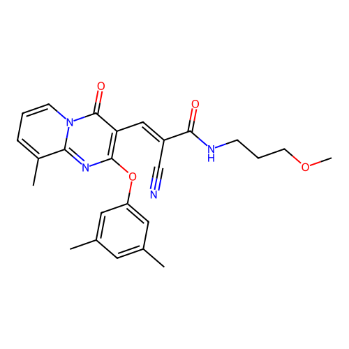 (2E)-2-cyano-3-[2-(3,5-dimethylphenoxy)-9-methyl-4-oxo-4H-pyrido[1,2-a]pyrimidin-3-yl]-N-(3-methoxypropyl)prop-2-enamide structure