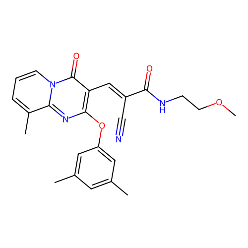 (2E)-2-cyano-3-[2-(3,5-dimethylphenoxy)-9-methyl-4-oxo-4H-pyrido[1,2-a]pyrimidin-3-yl]-N-(2-methoxyethyl)prop-2-enamide structure