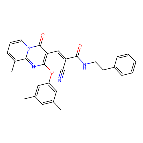 (2E)-2-cyano-3-[2-(3,5-dimethylphenoxy)-9-methyl-4-oxo-4H-pyrido[1,2-a]pyrimidin-3-yl]-N-(2-phenylethyl)prop-2-enamide structure