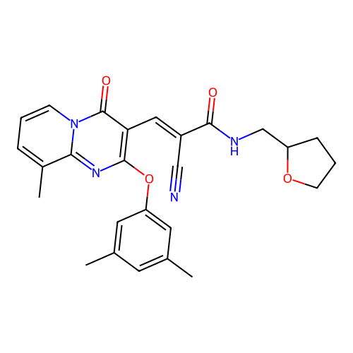(2E)-2-cyano-3-[2-(3,5-dimethylphenoxy)-9-methyl-4-oxo-4H-pyrido[1,2-a]pyrimidin-3-yl]-N-(tetrahydrofuran-2-ylmethyl)prop-2-enamide structure