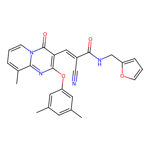 (2E)-2-cyano-3-[2-(3,5-dimethylphenoxy)-9-methyl-4-oxo-4H-pyrido[1,2-a]pyrimidin-3-yl]-N-(furan-2-ylmethyl)prop-2-enamide structure