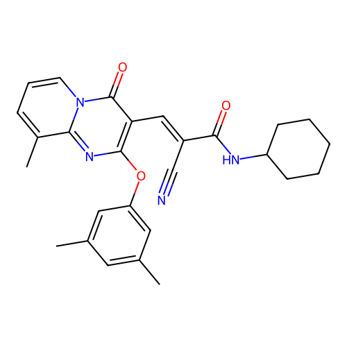 (2E)-2-cyano-N-cyclohexyl-3-[2-(3,5-dimethylphenoxy)-9-methyl-4-oxo-4H-pyrido[1,2-a]pyrimidin-3-yl]prop-2-enamide structure