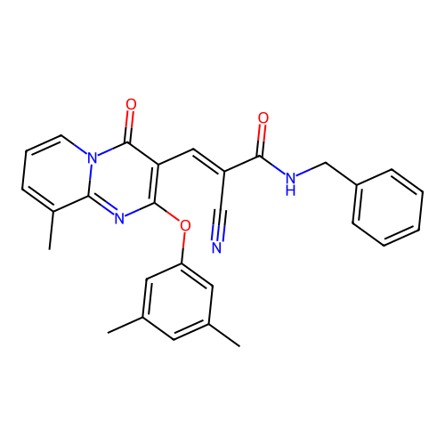 (2E)-N-benzyl-2-cyano-3-[2-(3,5-dimethylphenoxy)-9-methyl-4-oxo-4H-pyrido[1,2-a]pyrimidin-3-yl]prop-2-enamide structure