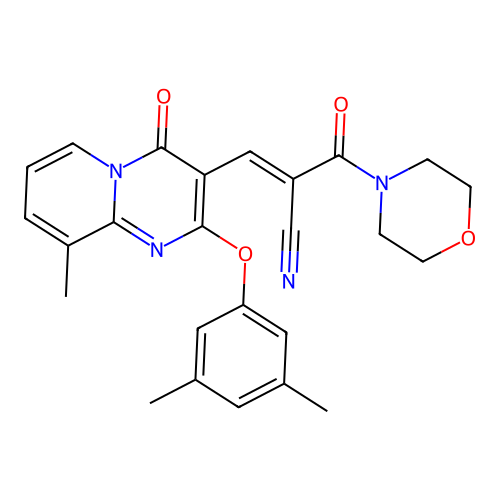 (2E)-3-[2-(3,5-dimethylphenoxy)-9-methyl-4-oxo-4H-pyrido[1,2-a]pyrimidin-3-yl]-2-(morpholin-4-ylcarbonyl)prop-2-enenitrile structure