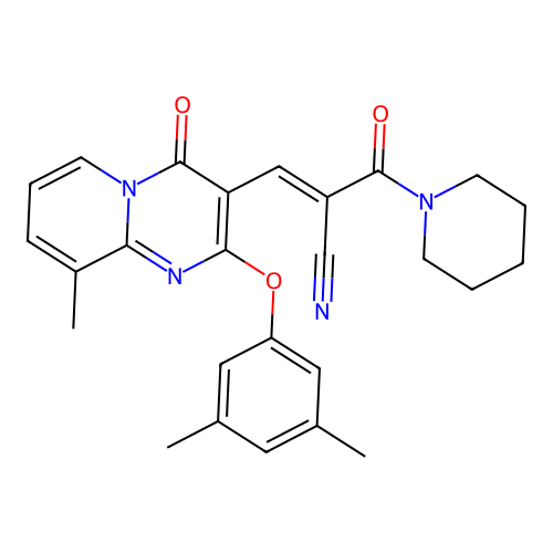 (2E)-3-[2-(3,5-dimethylphenoxy)-9-methyl-4-oxo-4H-pyrido[1,2-a]pyrimidin-3-yl]-2-(piperidin-1-ylcarbonyl)prop-2-enenitrile structure