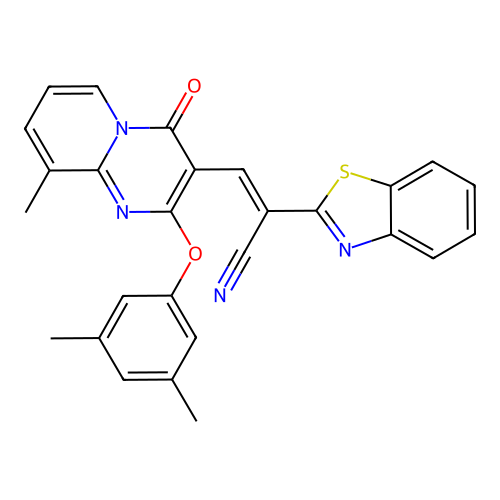 (2E)-2-(1,3-benzothiazol-2-yl)-3-[2-(3,5-dimethylphenoxy)-9-methyl-4-oxo-4H-pyrido[1,2-a]pyrimidin-3-yl]prop-2-enenitrile structure