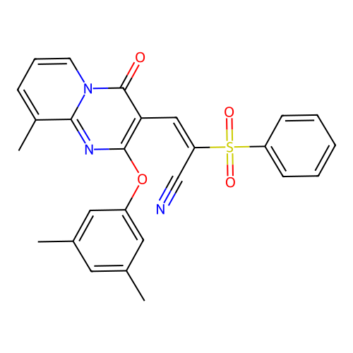 (2E)-2-(BENZENESULFONYL)-3-[2-(3,5-DIMETHYLPHENOXY)-9-METHYL-4-OXO-4H-PYRIDO[1,2-A]PYRIMIDIN-3-YL]PROP-2-ENENITRILE structure