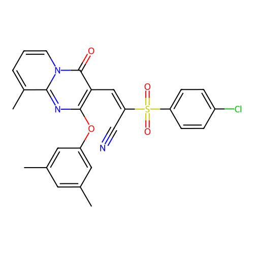 (2E)-2-[(4-chlorophenyl)sulfonyl]-3-[2-(3,5-dimethylphenoxy)-9-methyl-4-oxo-4H-pyrido[1,2-a]pyrimidin-3-yl]prop-2-enenitrile structure