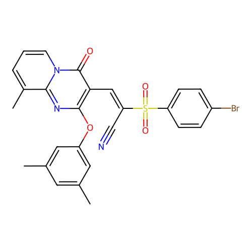 (2E)-2-[(4-bromophenyl)sulfonyl]-3-[2-(3,5-dimethylphenoxy)-9-methyl-4-oxo-4H-pyrido[1,2-a]pyrimidin-3-yl]prop-2-enenitrile structure