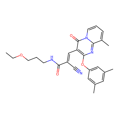(2E)-2-cyano-3-[2-(3,5-dimethylphenoxy)-9-methyl-4-oxo-4H-pyrido[1,2-a]pyrimidin-3-yl]-N-(3-ethoxypropyl)prop-2-enamide structure