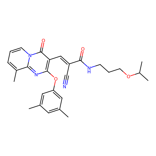 (2E)-2-cyano-3-[2-(3,5-dimethylphenoxy)-9-methyl-4-oxo-4H-pyrido[1,2-a]pyrimidin-3-yl]-N-[3-(propan-2-yloxy)propyl]prop-2-enamide structure