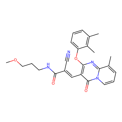 (2E)-2-cyano-3-[2-(2,3-dimethylphenoxy)-9-methyl-4-oxo-4H-pyrido[1,2-a]pyrimidin-3-yl]-N-(3-methoxypropyl)prop-2-enamide structure