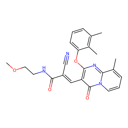 (2E)-2-cyano-3-[2-(2,3-dimethylphenoxy)-9-methyl-4-oxo-4H-pyrido[1,2-a]pyrimidin-3-yl]-N-(2-methoxyethyl)prop-2-enamide structure
