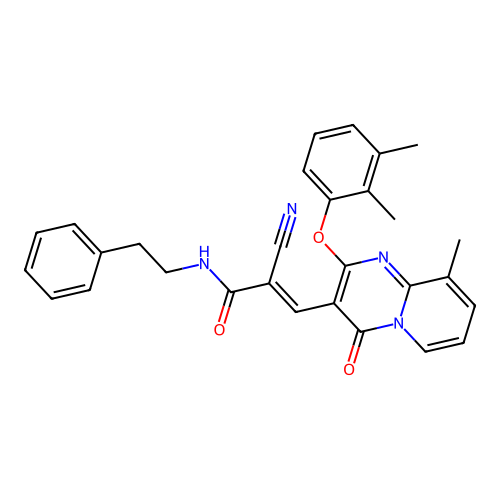 (2E)-2-cyano-3-[2-(2,3-dimethylphenoxy)-9-methyl-4-oxo-4H-pyrido[1,2-a]pyrimidin-3-yl]-N-(2-phenylethyl)prop-2-enamide structure