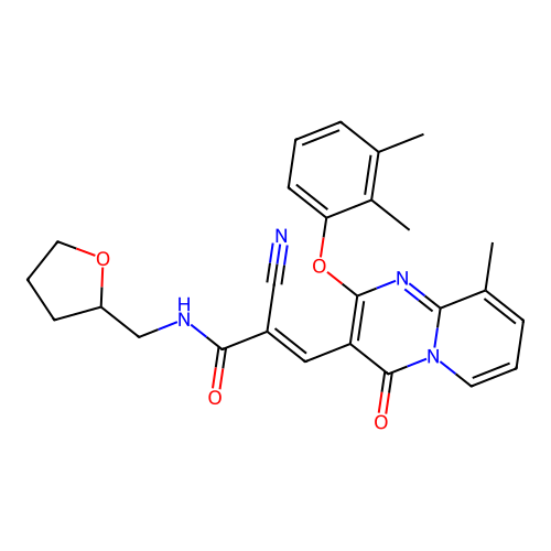 (2E)-2-cyano-3-[2-(2,3-dimethylphenoxy)-9-methyl-4-oxo-4H-pyrido[1,2-a]pyrimidin-3-yl]-N-(tetrahydrofuran-2-ylmethyl)prop-2-enamide structure
