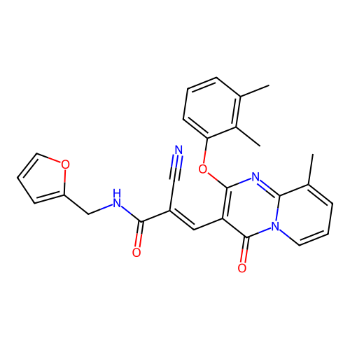 (2E)-2-cyano-3-[2-(2,3-dimethylphenoxy)-9-methyl-4-oxo-4H-pyrido[1,2-a]pyrimidin-3-yl]-N-(furan-2-ylmethyl)prop-2-enamide structure