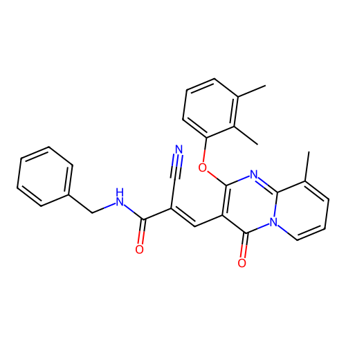 (2E)-N-benzyl-2-cyano-3-[2-(2,3-dimethylphenoxy)-9-methyl-4-oxo-4H-pyrido[1,2-a]pyrimidin-3-yl]prop-2-enamide structure