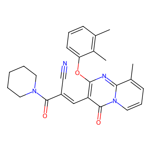 (2E)-3-[2-(2,3-dimethylphenoxy)-9-methyl-4-oxo(5-hydropyridino[1,2-a]pyrimidin -3-yl)]-2-(piperidylcarbonyl)prop-2-enenitrile structure