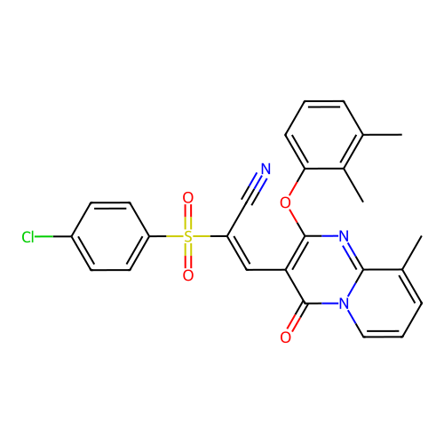 (2E)-2-[(4-chlorophenyl)sulfonyl]-3-[2-(2,3-dimethylphenoxy)-9-methyl-4-oxo-4H-pyrido[1,2-a]pyrimidin-3-yl]prop-2-enenitrile structure